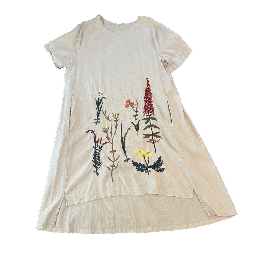 Cottagecore Linen Blend Minibee Embroidered Botanical Womens Dress XXL Floral